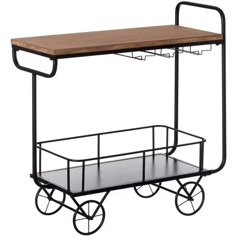 Metal Wine Bar Serving Cart with Rolling Wheels, Wine Rack & Glass Holder – 32.5"W x 13"D x 25"H