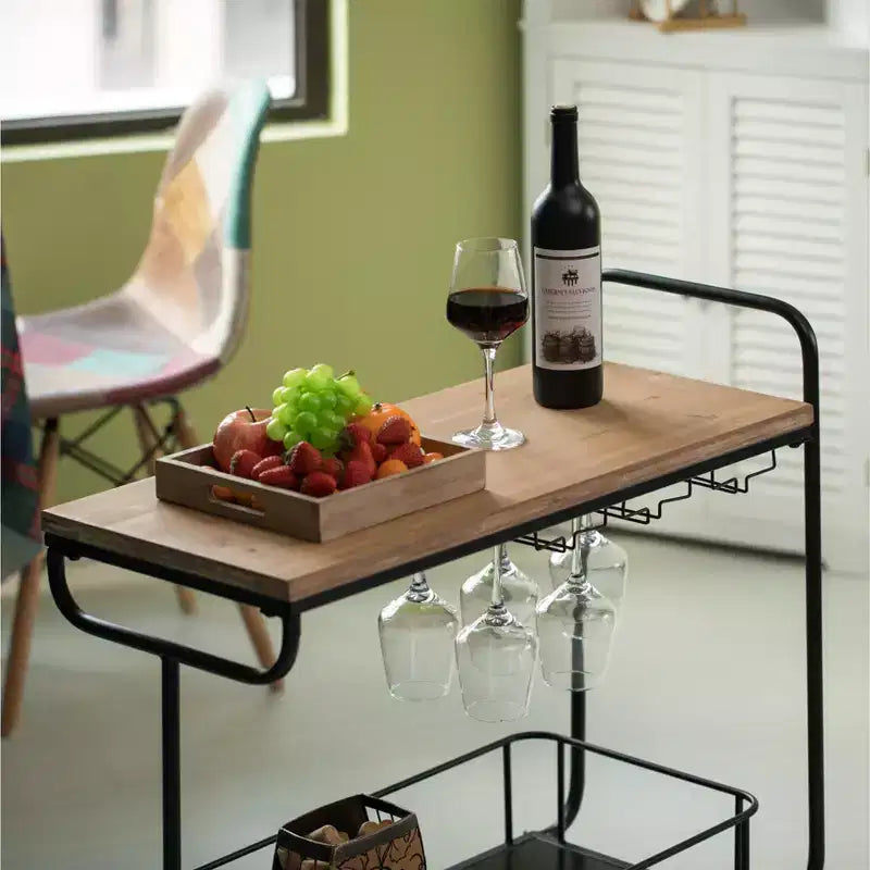 Metal Wine Bar Serving Cart with Rolling Wheels, Wine Rack & Glass Holder – 32.5"W x 13"D x 25"H