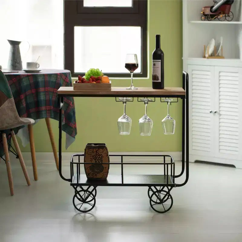 Carrello da Bar in Metallo con Ruote, Portabottiglie e Portabicchieri – 82,5cm L x 33cm P x 63,5cm A