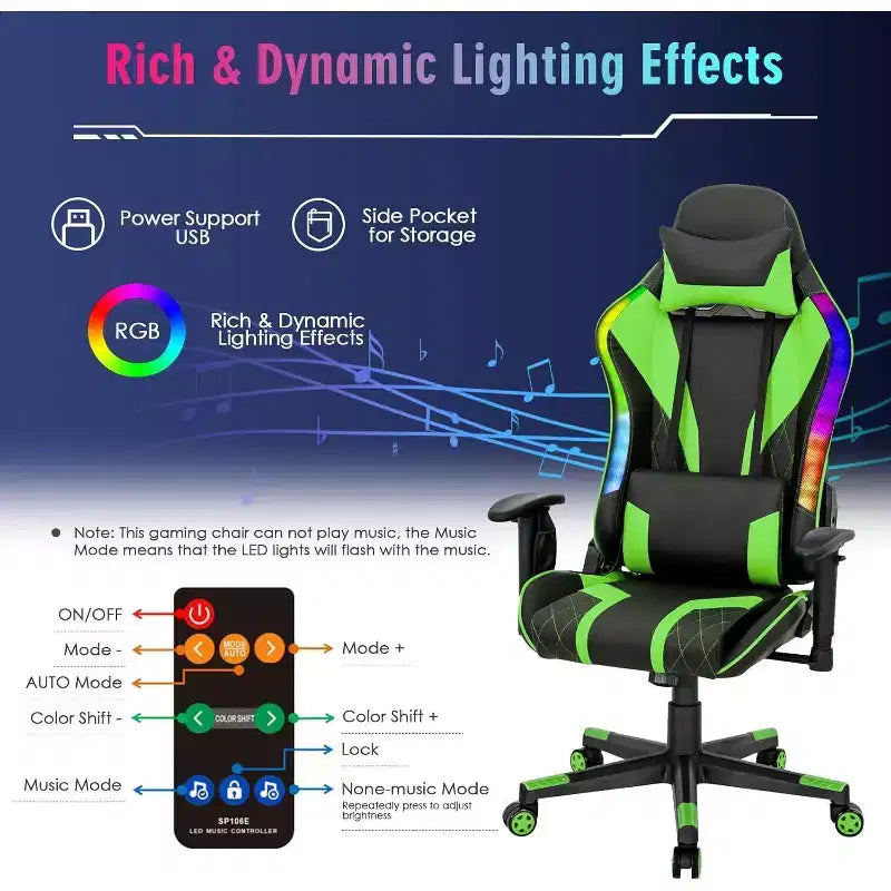 Sedia da gaming regolabile e girevole con luci LED RGB – Pelle PVC, capacità 150 kg