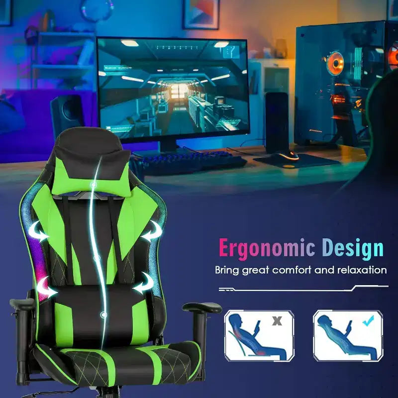 Sedia da gaming regolabile e girevole con luci LED RGB – Pelle PVC, capacità 150 kg