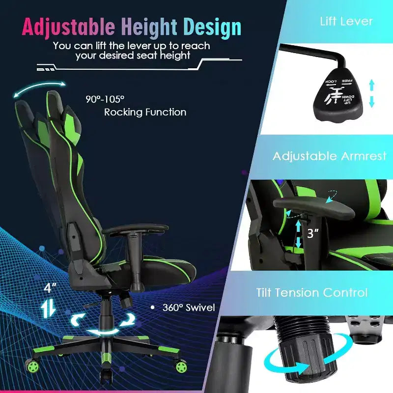 Sedia da gaming regolabile e girevole con luci LED RGB – Pelle PVC, capacità 150 kg