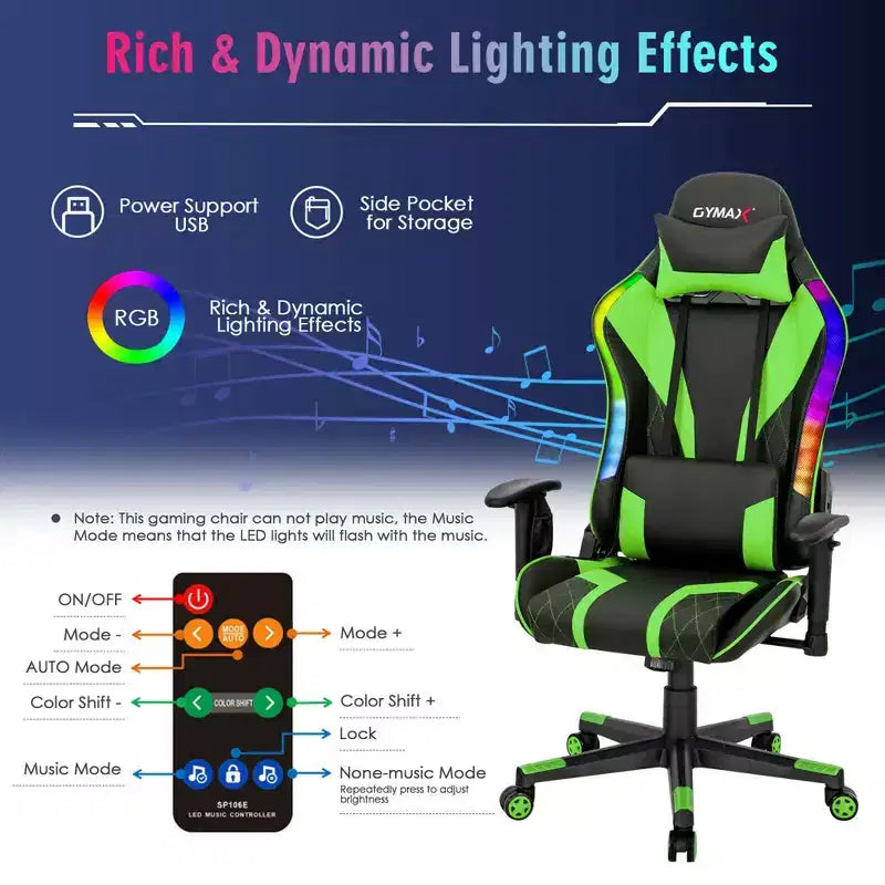 Sedia da gaming regolabile e girevole con luci LED RGB – Pelle PVC, capacità 150 kg
