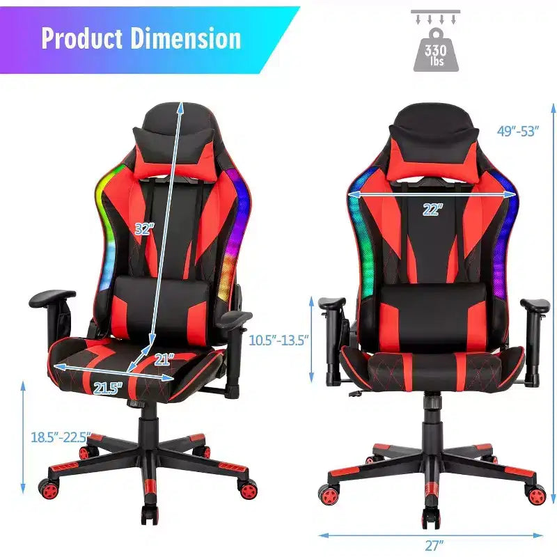 Sedia da gaming regolabile e girevole con luci LED RGB – Pelle PVC, capacità 150 kg