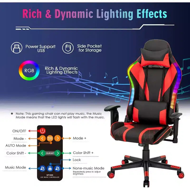 Sedia da gaming regolabile e girevole con luci LED RGB – Pelle PVC, capacità 150 kg