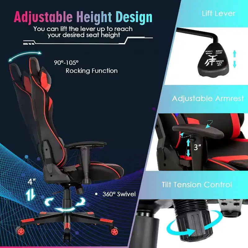 Sedia da gaming regolabile e girevole con luci LED RGB – Pelle PVC, capacità 150 kg