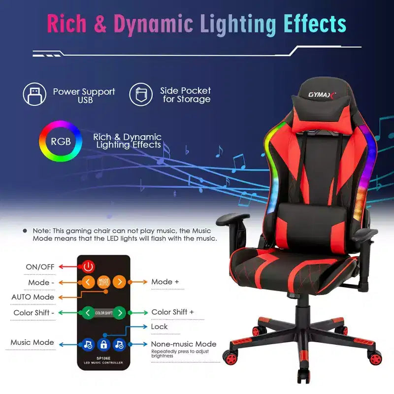Sedia da gaming regolabile e girevole con luci LED RGB – Pelle PVC, capacità 150 kg