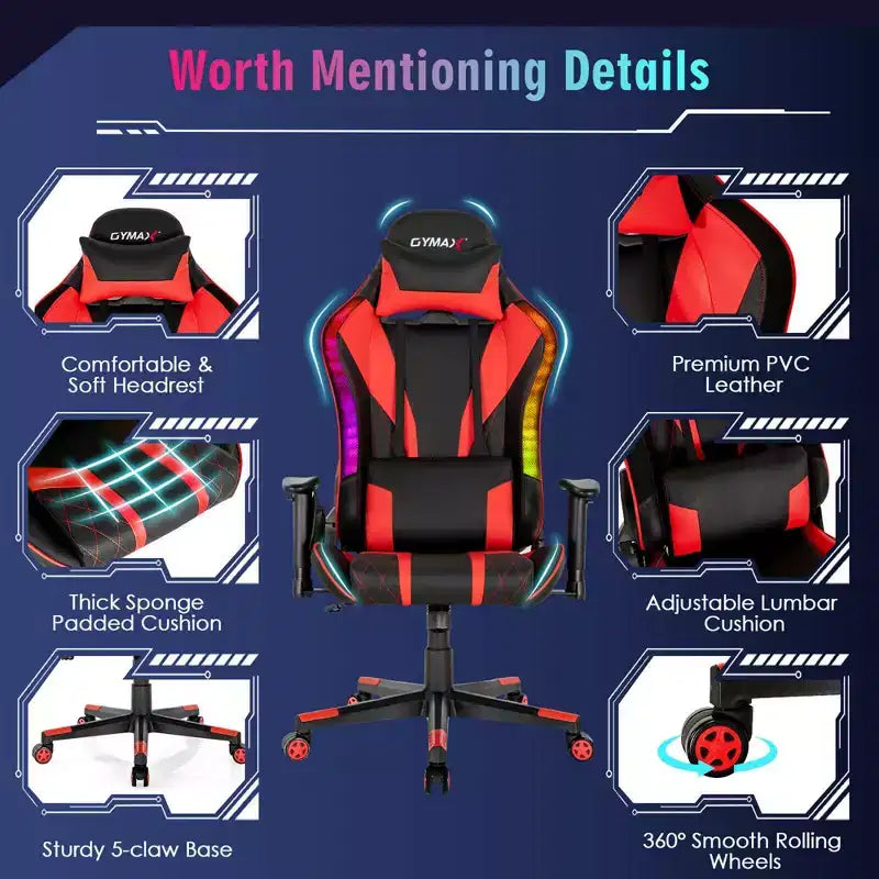 Sedia da gaming regolabile e girevole con luci LED RGB – Pelle PVC, capacità 150 kg
