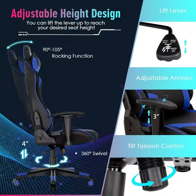 Sedia da gaming regolabile e girevole con luci LED RGB – Pelle PVC, capacità 150 kg