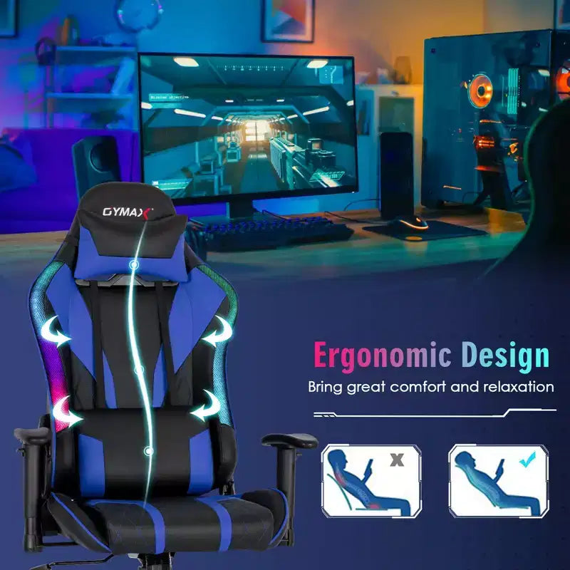 Sedia da gaming regolabile e girevole con luci LED RGB – Pelle PVC, capacità 150 kg