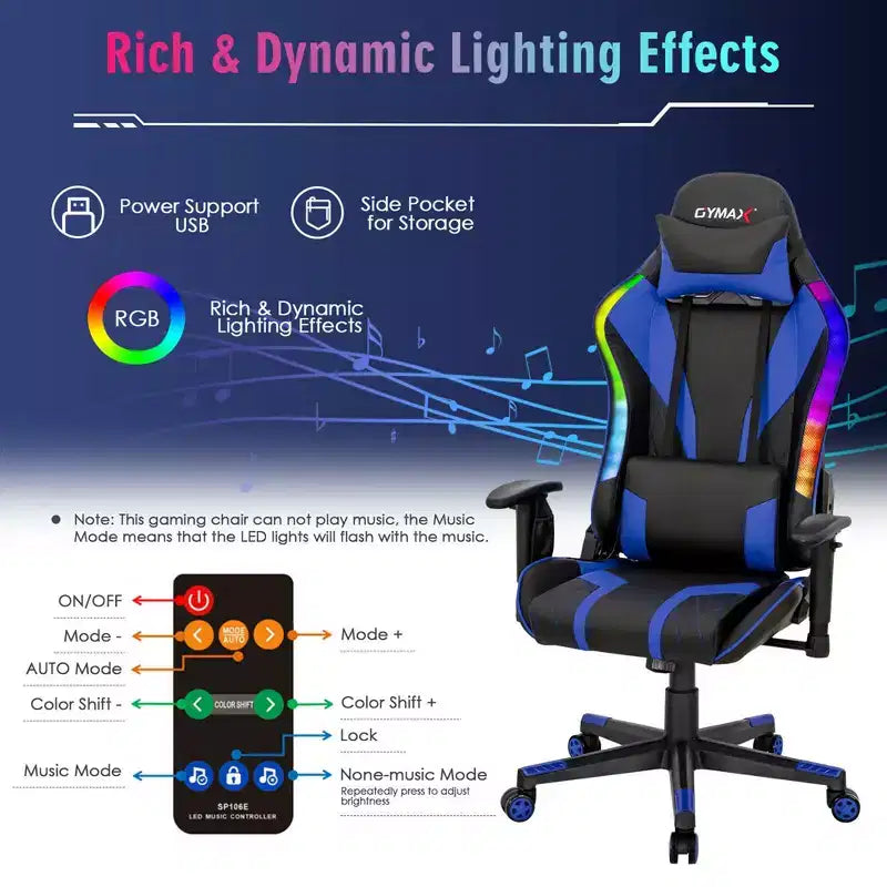 Sedia da gaming regolabile e girevole con luci LED RGB – Pelle PVC, capacità 150 kg