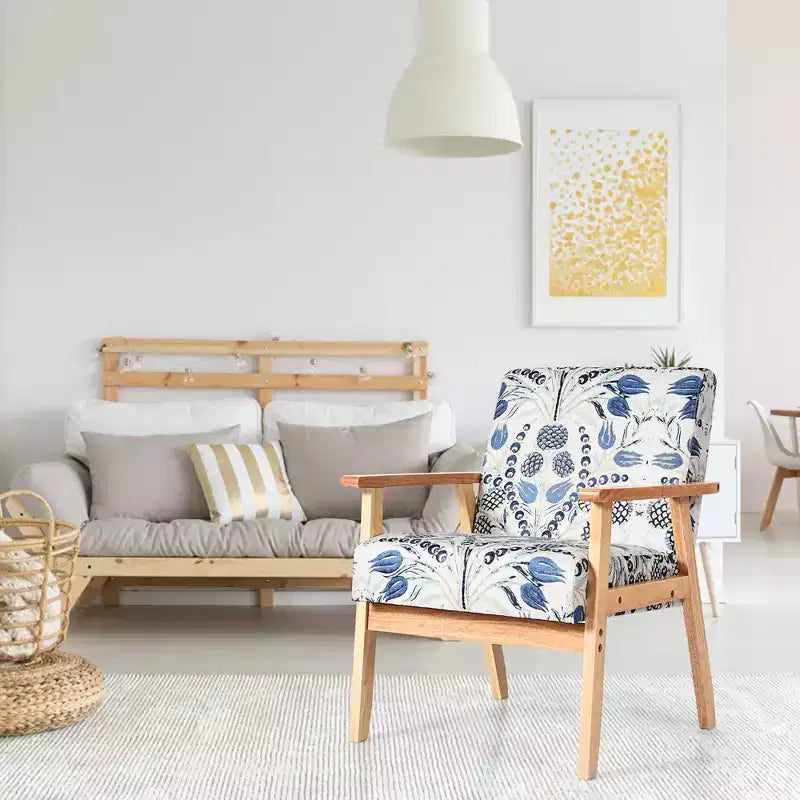 Upholstered Accent Armchair – Linen Fabric, Rubber Wood Frame, 265 lb Capacity, Yellow/Blue Floral