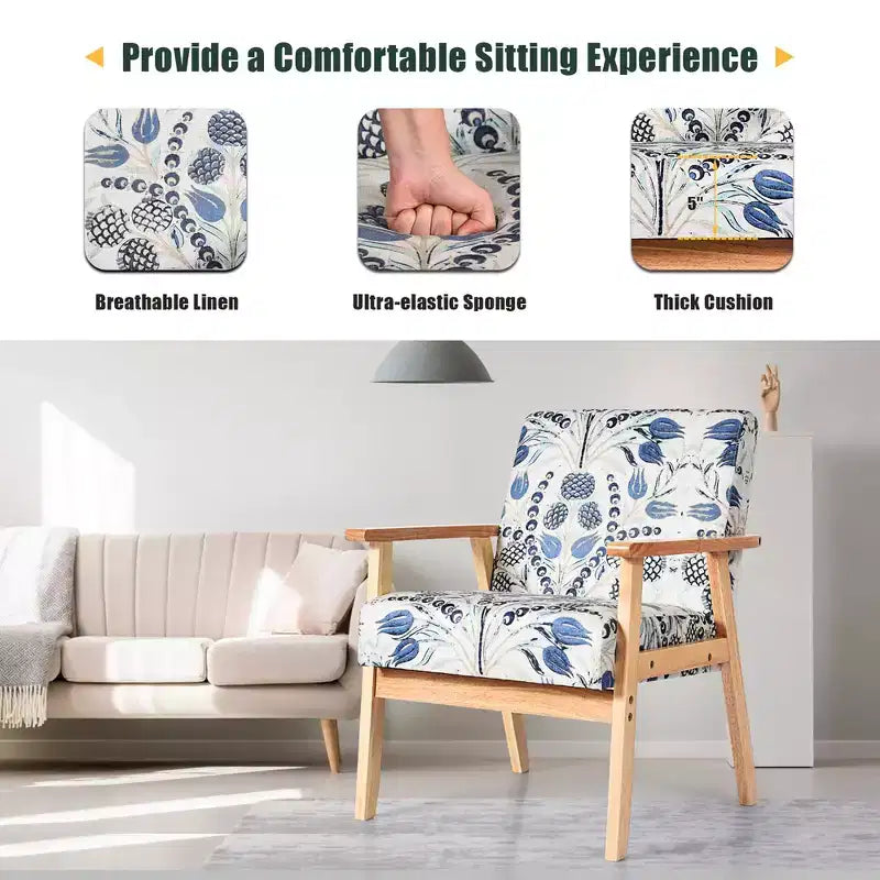Upholstered Accent Armchair – Linen Fabric, Rubber Wood Frame, 265 lb Capacity, Yellow/Blue Floral