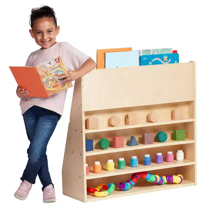 Espositore per libri monoposto per aula con 9 ripiani e vano portaoggetti – Compensato di betulla