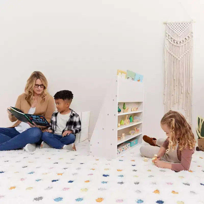 Espositore per libri monoposto per aula con 9 ripiani e vano portaoggetti – Compensato di betulla