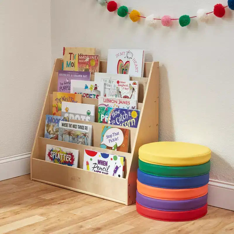 Espositore per libri monoposto per aula con 9 ripiani e vano portaoggetti – Compensato di betulla