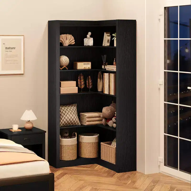 Libreria angolare a 5 ripiani a forma di L, in stile retrò, Bianco/Nero/Legno, singola