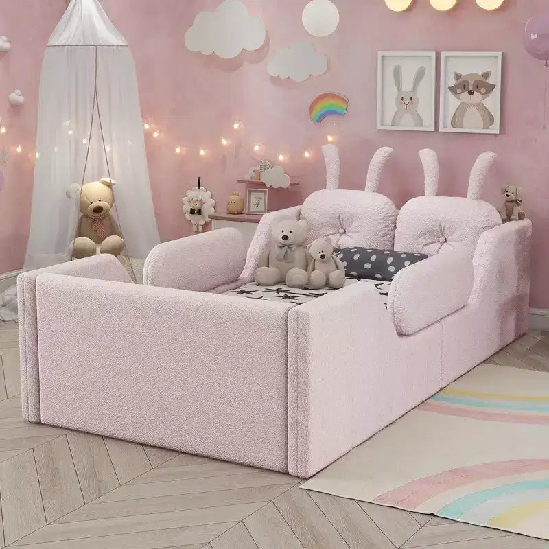Whisen Twin - Letto a piattaforma, Letto imbottito da pavimento per bambini con cuscino a coniglio, Sponde laterali rimovibili