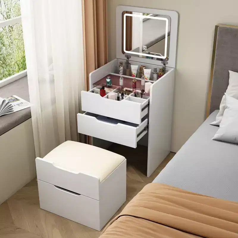Okak Tavolo da toeletta 3 in 1 con specchio a scomparsa, toeletta compatta con piano in vetro a vista e sgabello imbottito, scrivania da toeletta per camera da letto