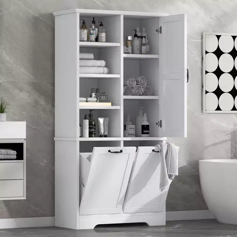 Mobiletto da bagno con ante e cassetti, cesto portabiancheria a ribalta, diversi vani portaoggetti, stile autoportante