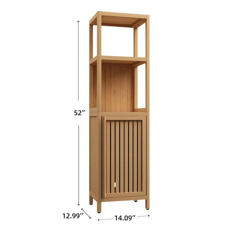Mobiletto sottile da bagno da 15 cm, armadietto portabiancheria in bambù con 1 anta e ripiani a giorno - Naturale