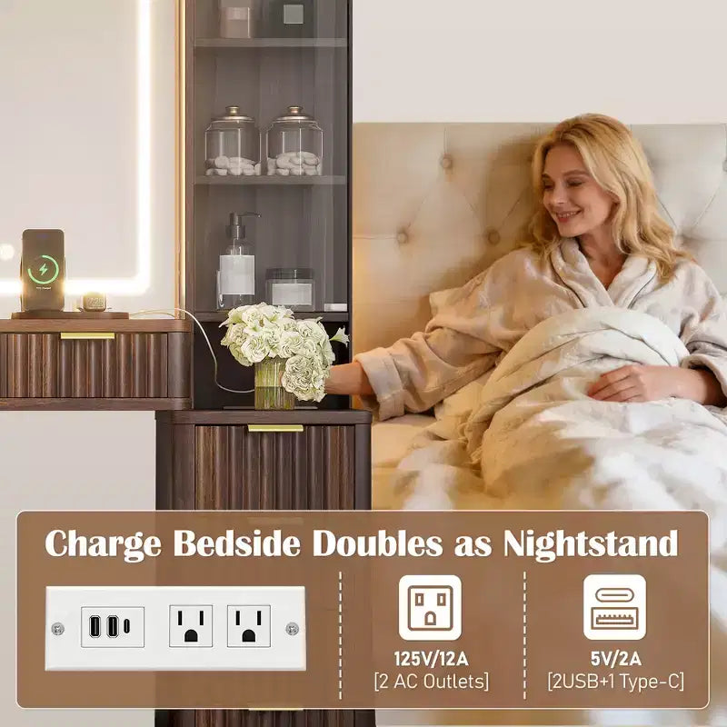 JVNOXK Set Toeletta Moderno da 43,5 Pollici con Specchio e Luce, con Cassetti e Mobiletto in Vetro Trasparente, Include Sgabello e Stazione di Ricarica, Marrone