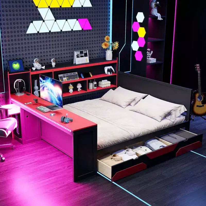 Daybed da gioco completo/queen size con testiera libreria, luci LED, scrivania integrata, cassetti e stazione di ricarica