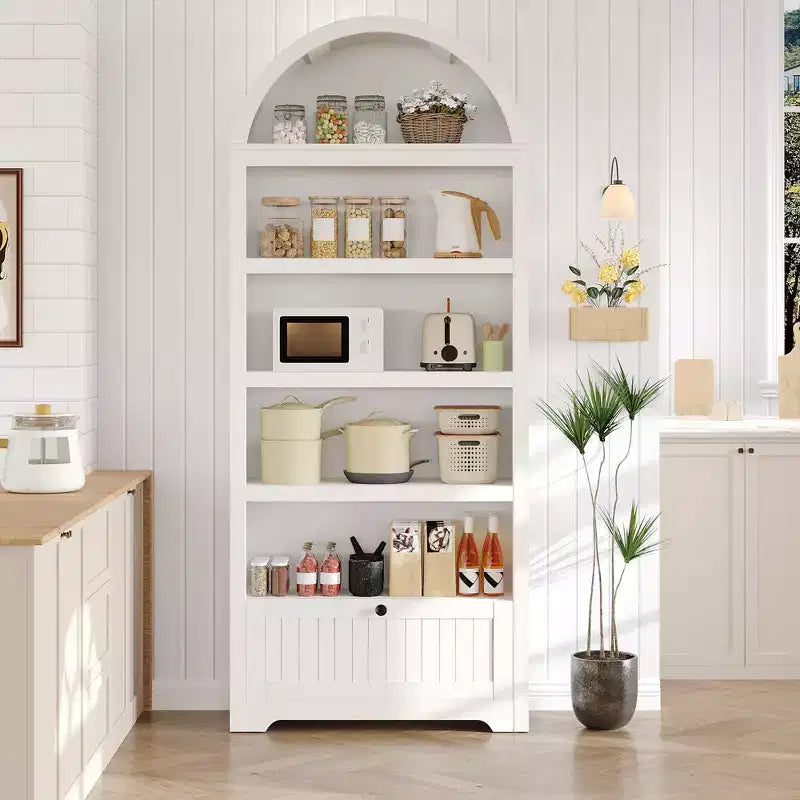 Libreria ad arco da 72 pollici con cassetto portaoggetti, mobile espositivo moderno a 6 ripiani in legno con ripiani aperti e cassetto inferiore, anta curva dell'armadio