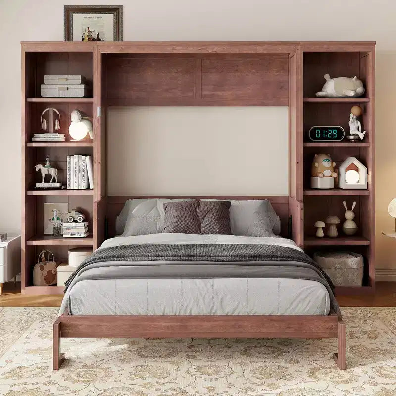 Letto a scomparsa matrimoniale/queen size salvaspazio con scrivania e libreria, marrone scuro - ModernLuxe