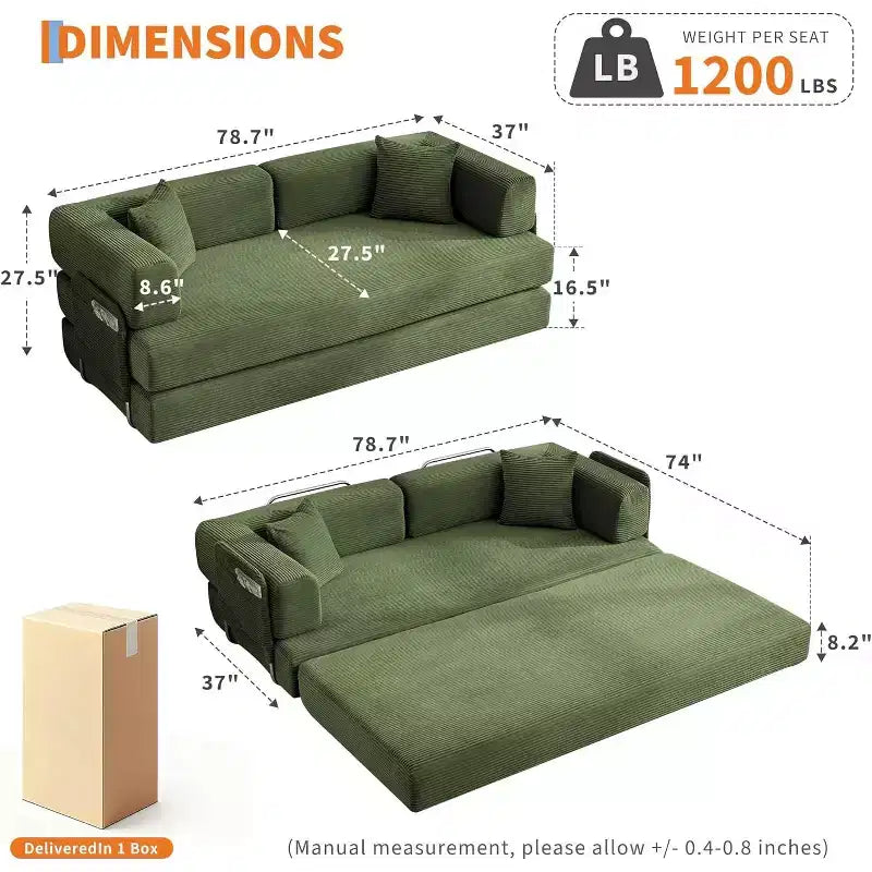 Divano Letto Convertibile 5-in-1, Divano Letto Modulare in Velluto a Coste da 78,8 Pollici con Struttura Robusta, Futon Multifunzionale per Piccoli Spazi, Soggiorno e Camera degli Ospiti