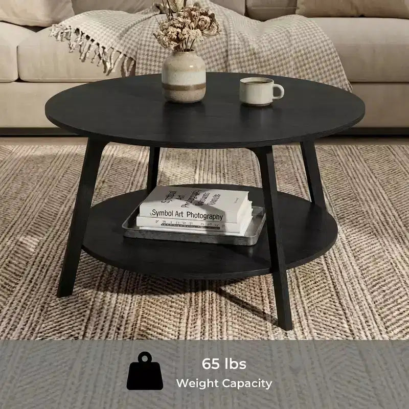 Tavolino rotondo color miele con 2 ripiani, misure 80 x 45 cm, ideale per il soggiorno