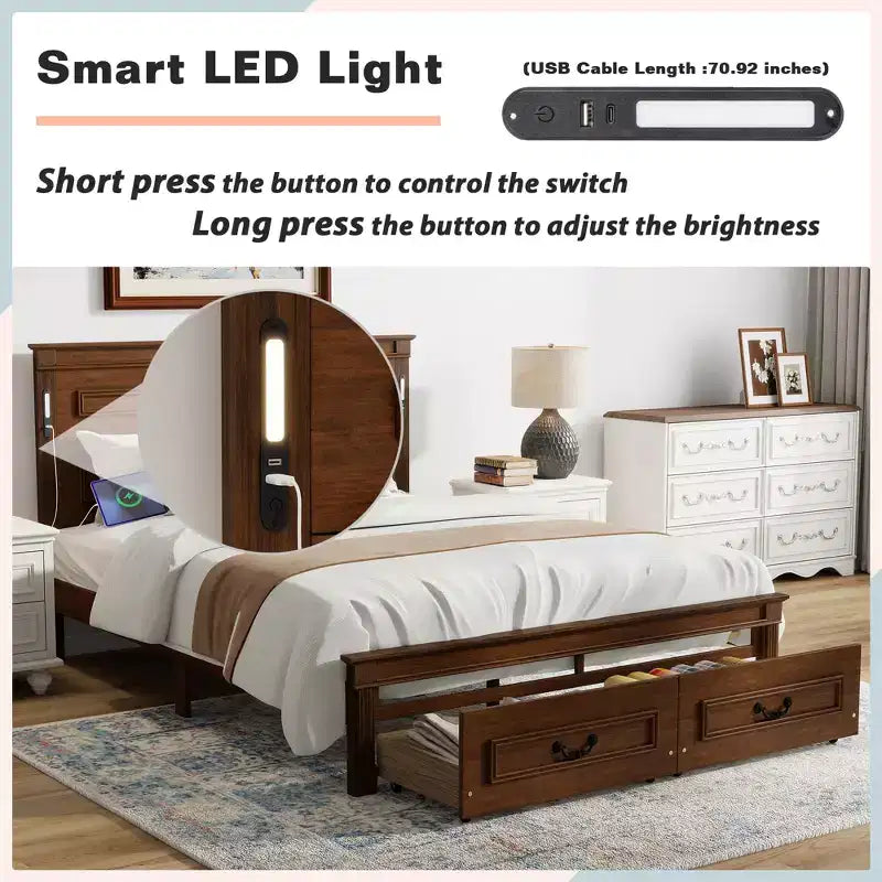 ModernLuxe Letto a Piattaforma Queen/King Size con Testiera Alta, Struttura Letto Rustica in Legno con 2 Cassetti, Luci LED e Porte USB